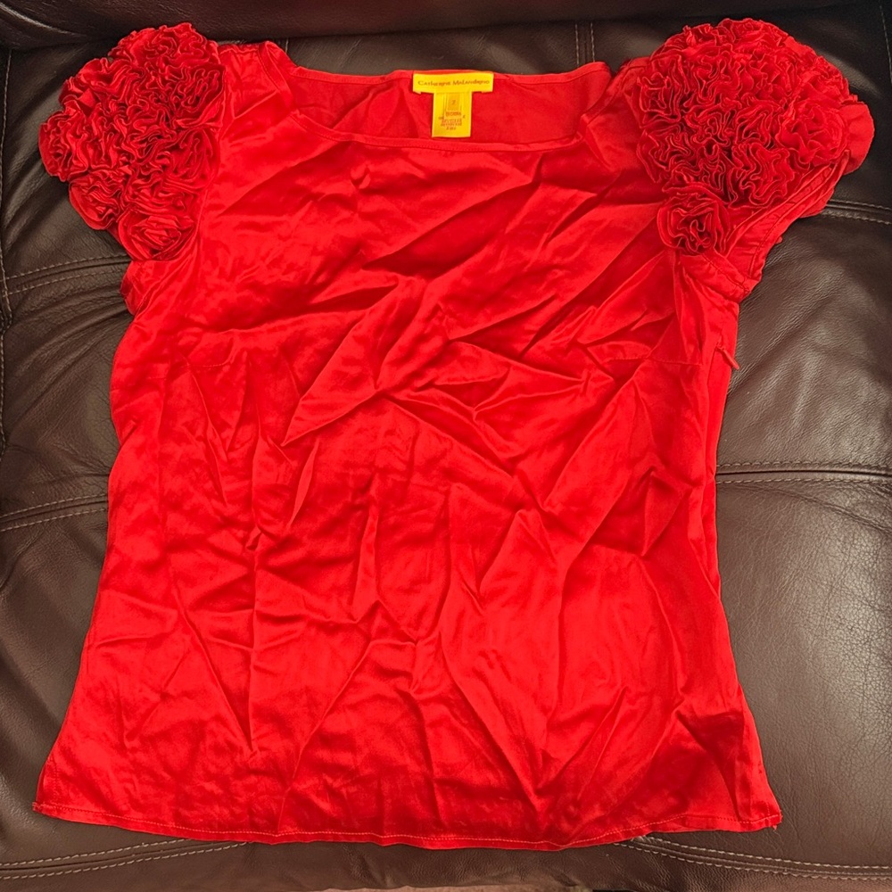 Catherine Malandrino Red Puff-Sleeve Satin Top